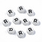 Acrylic Beads, with Enamel and Luminous, Horizontal Hole, Flat Round with Black Letter, Glow in the Dark, Light Grey, Letter.R, 7x3.5mm, Hole: 1.5mm, about 3600~3700pcs/500g