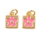 Brass Enamel Charms, with Jump Ring, Square with Flower Charm, Real 18K Gold Plated, Hot Pink, 9x7x1.5mm, Hole: 2.2mm