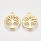 Brass Charms, Flat Round with Tree, Nickel Free, Real 18K Gold Plated, 14x12x1mm, Hole: 1.2mm