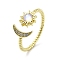 Brass Micro Pave Clear Cubic Zirconia Open Cuff Rings for Women, Star and Moon, with Glass, Golden, 9.5mm, US Size 6(16.5mm)