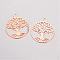 Brass Filigree Pendants, Flat Round with Tree of Life, Rose Gold, 23.5x20x0.5mm, Hole: 3mm