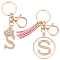 2Pcs 2 Style Flash Rhinestone Letter.S Pendant Keychain, Imitation Leather Tassel Keychains, Light Gold, 103.5~126mm, 1pc/style