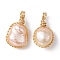 Natural Cultured Freshwater Pearl Copper Wire Wrapped Pendants, Round Charms, Golden, Linen, 18.5~21x11~12x7.5~9.5mm, Hole: 3mm
