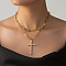2Pcs Cross Brass Cubic Zirconia Pendant Necklaces, 201 Stainless Steel Dapped Chain Necklace Sets for Women, Daily Holiday Wear, Golden, 15.75~19.69 inch(40~50cm)