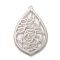 304 Stainless Steel Pendants, Laser Cut, Teardrop with Rose, Stainless Steel Color, 38x24x0.4mm, Hole: 1.4mm