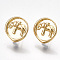 Brass Stud Earring Findings, with Loop, Nickel Free, Real 18K Gold Plated, Flat Round with Elephant, 14x13.5mm, Hole: 2mm, Pin: 0.8mm