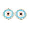 Handmade Seed Beads Links Connectors, with Elastic Thread, Loom Pattern, Flat Round with Evil Eye, Sky Blue, 28x25.5x1.5~2mm, Hole: 0.7mm