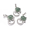 Natural Green Aventurine Kitten Pendants, with Platinum Tone Brass Findings and Crystal Rhinestone, Cat with Bowknot Shape, 32x25.5x7.5mm, Hole: 4.5x7mm