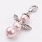 Alloy Pendants, with Brass Lobster Claw Clasps and Glass Pearl, Angel, Antique Silver, Pink, 47mm