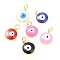 Brass Enamel Pendants, Real 18K Gold Plated, Long-Lasting Plated, with Jump Ring, Flat Round with Evil Eye, Mixed Color, 16.5x14x3.5mm, Hole: 4mm, Jump Ring:  6x1mm