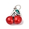 Fine Silver Red Enamel Fruit Pendants, with Jump Rings, Silver Color Plated, Antique Silver, Cherry, 16x14x7mm, Hole: 4mm