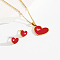201 Stainless Steel Enamel Stud Earrings & Necklaces Sets, Heart, Red, 17.7 inch(45cm)