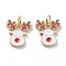 Brass Micro Pave Cerise Cubic Zirconia Pendants, with White Enamel & Jump Rings, Long-Lasting Plated, For Christmas, Reindeer/Stag, Real 18K Gold Plated, 15x13x1.5mm, Hole: 3mm, Jump Ring: 5x1mm