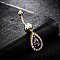 Piercing Jewelry, Brass Cubic Zirconia Navel Ring, Belly Rings, with 304 Stainless Steel Bar, Cadmium Free & Lead Free, Real 18K Gold Plated, teardrop, Purple, 43x12mm, Bar Length: 3/8