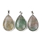 Natural Fluorite Pendants, Teardrop Charms with Brass Findings, Platinum, 34x20x8mm, Hole: 4x5mm