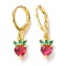 Brass Micro Pave Cubic Zirconia Huggie Hoop Earrings, Strawberry, Cerise, Real 18K Gold Plated, 25mm, Pin: 0.8mm