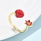 Brass with Enamel Cuff Open Rings for Women, Real 18K Gold Plated, Flower, Inner Diameter: 17mm