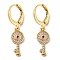 Real 18K Gold Plated Brass Dangle Leverback Earrings, with Enamel and Cubic Zirconia, Key with Evil Eye, Pink, 30x7mm