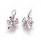 Brass Micro Pave Cubic Zirconia Charms, Four Leaf Clover, Colorful, Platinum, 12x8x2.5mm, Hole: 3mm
