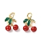 Brass Enamel Charms, with Jump Ring, Cherry Charm, Real 18K Gold Plated, Red, 11.5x11x4.5mm, Hole: 3.5mm