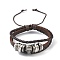 PU Leather & Waxed Cords Triple Layer Multi-strand Bracelets, Braided Adjustable Bracelet Alloy Skull, Coconut Brown, Inner Diameter: 2-3/8~3-1/8 inch(5.9~8cm)