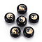 Handmade Lampwork Beads, with Golden Plated Brass Etched Metal Embellishments, Flat Round with Yin-yang, Black, 8x5~6mm, Hole: 0.8mm