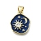 Brass Micro Pave Cubic Zirconia Pendants, Cadmium Free & Lead Free, with Enamel, Flat Round with Moon Star, Real 16K Gold Plated, Prussian Blue, 17x15x2.5mm, Hole: 5mm