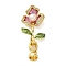 Brass Micro Pave Clear Cubic Zirconia Fold Over Clasps, Cadmium Free & Nickel Free & Lead Free, with Natural Pearl & Enamel, Flower, Flamingo, 42mm