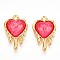 Resin Pendants, Heart Charms, Ion Plating(IP), with 304 Stainless Steel Findings & Paillette & Rhinestone, Real 18K Gold Plated, Crimson, 20.5x13.3x5mm, Hole: 0.8~1mm