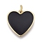 Brass Enamel Pendants, with Jump Rings, Long-Lasting Plated, Real 18K Gold Plated, Heart, Black, 17x17x2mm, Jump Rings: 5x1mm, Inner Diameter: 3mm