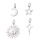 4Pcs 4 Styles 304 Stainless Steel Pendants, Sun & Star & Moon, with Jump Ring, Stainless Steel Color, 14.5~24.5x10.5~21.5x1~1.5mm, Hole: 5.5mm