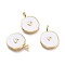 Brass Enamel Pendants, Flat Round with Heart, Golden, White, 20x13.5x2.5mm, Hole: 3.5x2mm