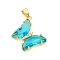 Glass Pendants, with Brass Clear Micro Pave Cubic Zirconia, Butterfly, Golden, Deep Sky Blue, 24x21x4mm, Hole: 5.5x3.5mm