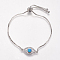 Adjustable Brass Bolo Bracelets, Slider Bracelets, with Synthetic Opal and Cubic Zirconia, Eye, Platinum, Deep Sky Blue, 8-3/4 inch(222mm), 1mm, Link: 20x9x3mm