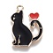 Alloy Enamel Pendants, Kitten with Heart, Black, 25x20x1.5mm, Hole: 2mm