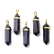 Synthetic Blue Goldstone Pointed Pendants, with Random Brass Pendant Hexagon Bead Cap Bails, Golden, Bullet, 38.5~40x12~12.5x10~11mm, Hole: 3x4.5mm