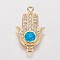 Brass Micro Pave Cubic Zirconia Links, with Synthetic Opal, Hamsa Hand/Hand of Fatima/Hand of Miriam, Golden, Deep Sky Blue, 19.5x11.5x1.5mm, Hole: 1mm