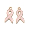 Light Gold Tone Zinc Alloy Enamel Pendants, October Breast Cancer Pink Awareness Ribbon, Pink, 20x10x1.5mm, Hole: 2mm