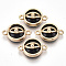 Glass Links connectors, with Light Gold Plated Alloy Findings, Flat Round with Eye, Black, 13.5x19.5x6mm, Hole: 1.6mm
