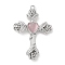Alloy with Glass Pendants, Cross with Rose Charms, Platinum, Pink, 35x25x5mm, Hole: 1.4mm