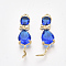Brass Pendants, with Glass, Cat, Nickel Free, Real 18K Gold Plated, Blue, 25.5~28.5x7x4.5mm, Hole: 1.4mm