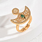 Brass Micro Pave Cubic Zirconia Adjustable Finger Rings for Women, Moon, Golden, Green