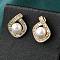 Brass Glass Stud Earrings, with Natural Pearl, Rhombus, Real 14K Gold Plated, 15x11.5mm