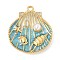 304 Stainless Steel Enamel Pendants, with ABS Imitation Pearl, Shell Shape Charm, Real 18K Gold Plated, Deep Sky Blue, 29x25.5x5mm, Hole: 1.8mm