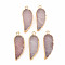 Natural Rose Quartz Pendants, with Light Gold Plated Iron Loop, Wing, 33~33.5x12~13x5~6mm, Hole: 1.8mm