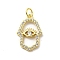 Brass Micro Pave Cubic Zirconia Pendants, Cadmium Free & Lead Free, Hamsa Hand with Eye, Real 16K Gold Plated, 21.5x14x2.4mm
