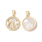 Rack Plating Brass Shell Pendants, with Cubic Zirconia & Natural Shell, Flat Round with Constellation Charms, Cadmium Free & Lead Free, Long-Lasting Plated, Real 18K Gold Plated, Aquarius, 19x16x3mm, Hole: 4x3.5mm
