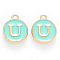 Golden Plated Alloy Enamel Charms, Cadmium Free & Lead Free, Enamelled Sequins, Flat Round with Letter, Turquoise, Letter.U, 14x12x2mm, Hole: 1.5mm