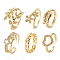 6Pcs 6 Styles Adjustable Brass Micro Pave Clear Cubic Zirconia Cuff Rings, Open Rings, Long-Lasting Plated, Flower & Leafy Branches & Snake & Weave, Real 18K Gold Plated, Inner Diameter: 16~19mm, 1pc/style