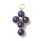 Natural Lapis Lazuli Copper Wire Wrapped Pendants, Religion Cross Charms, with Brass Beads, Light Gold, 29.5~30x16.5~17x6.5~7mm, Hole: 3.5~4mm